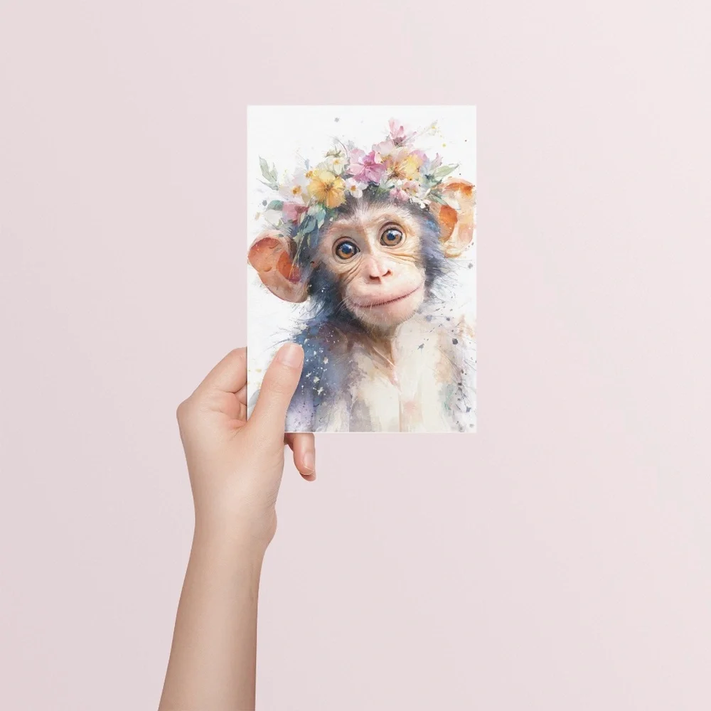 Watercolor Floral Monkey Portrait Wall Art Print Unframed - Playful Jungle Charm - Picture 5 of 6